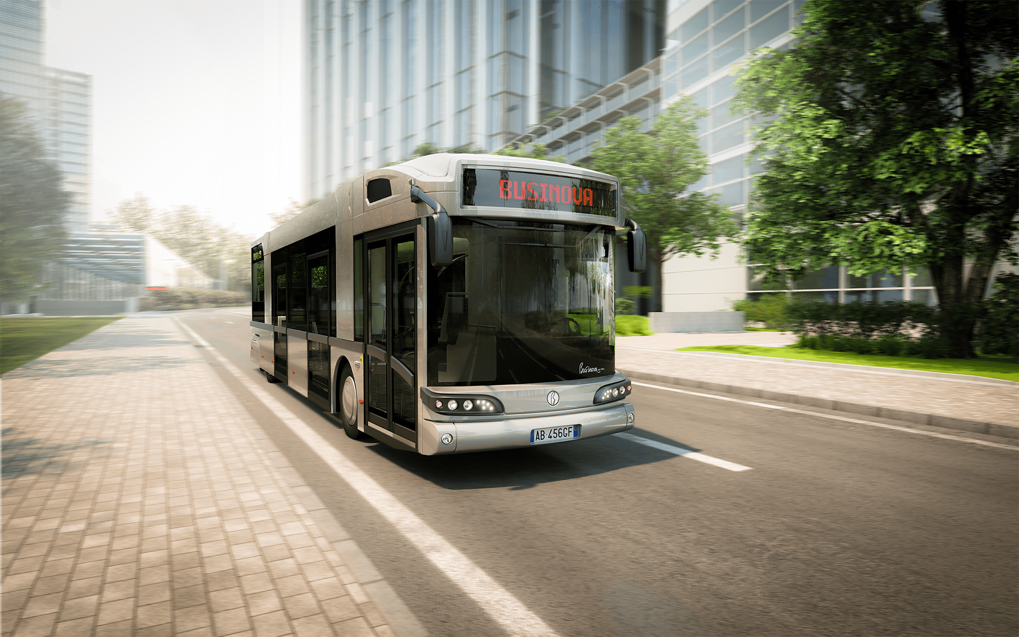 Montage photo d'un bus Businova roulant en ville